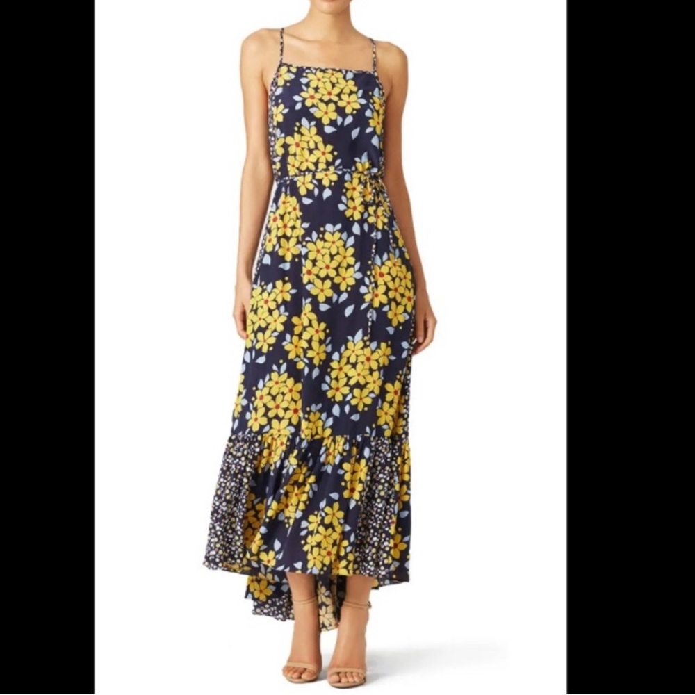 Suno Field of Daisies Silk Floral Tiered Hi-Low Maxi Dress in Navy and Yellow